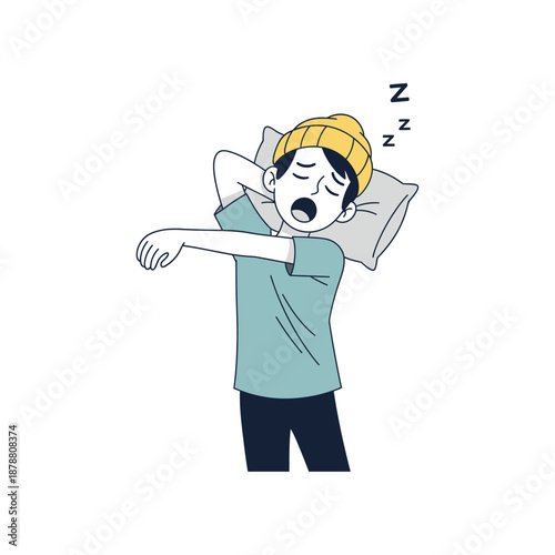 A man wearing a yellow beanie yawns while standing with a pillow.