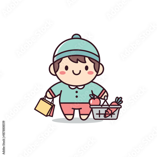 A cheerful boy holds a basket of apples and a bag in a colorful illustration.