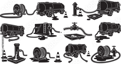 Industrial Fuel Pump and Hose Illustrations in Black and White