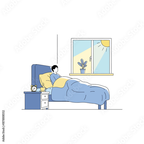 Person sleeping in bed beside window with sun shining through blinds