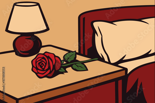red rose on bedside table with lamp and pillow