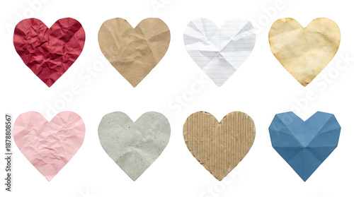 Paper heart set including red, crumpled, brown, lined, and blue origami variants isolated. Handmade craft and valentines day decoration collection.