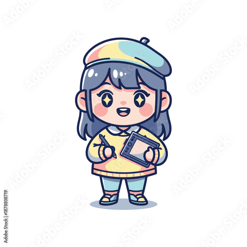 A cartoon girl holding a digital tablet with a stylus near her chest standing against a white background.