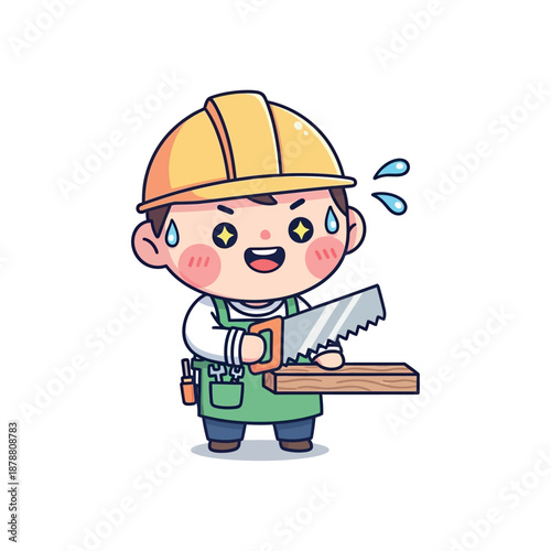 A cartoon illustration of a sweaty worker holding a saw and plank.