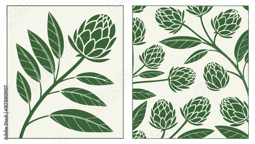 Green Hops Botanical Pattern Tile Set for Organic Brewing Packaging Wallpaper Textile Design