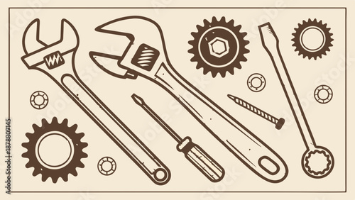 Vintage Blueprint Tools Illustration for Repair Service, Mechanic Workshop, Engineering Project, or DIY Manual Design