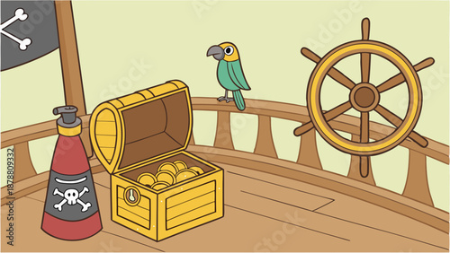 Pirate Ship Deck Scene With Treasure Chest Gold Coins Parrot and Helm for Adventure Game Design or Kids Holiday Promotion