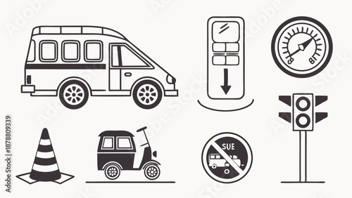 Vector Set of Transportation Icons Traffic Signs Vehicle Controls for Driving School Web Design or Safety Manuals