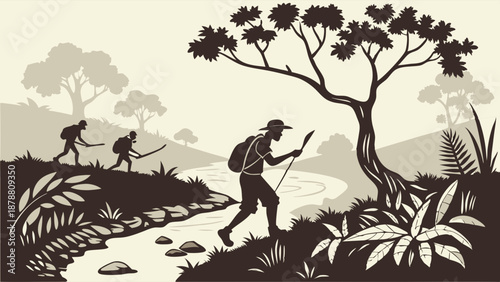Adventurous Hikers Trekking Through Lush Jungle Landscape for Travel Blog or Outdoor Adventure Campaign Illustration