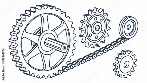 Mechanical Chain Drive System with Sprockets and Gears for Engineering Projects Power Transmission Industrial Design Illustration