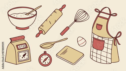 Baking Tools Flat Lay Apron Whisk Rolling Pin for Recipe Blog Website Design Home Cooking Illustration