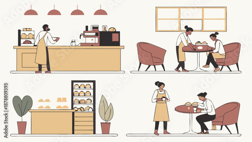 Cafe Staff Serving Customers Coffee and Pastries in Modern Bakery Interior for Food Service Web Design