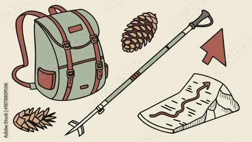 Hiking Gear Backpack Map Compass Pinecone for Outdoor Adventure Travel Planning Summer Exploration