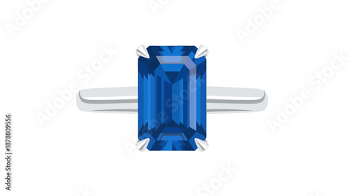 Emerald cut sapphire ring on white background
