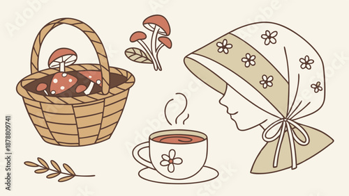 Cozy Autumn Harvest Scene Woman in Bonnet with Tea Basket of Mushrooms for Rustic Cafe Menu or Seasonal Blog Design