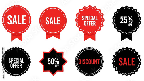 Collection of promotional badges and labels for discounts and sales on products