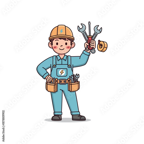 A cartoon worker in a yellow hard hat holds up wrenches and a tape measure.