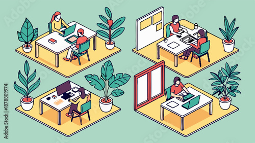 Isometric Modern Office Interior with Employees Working at Desks Surrounded by Green Plants for Workspace Design Projects