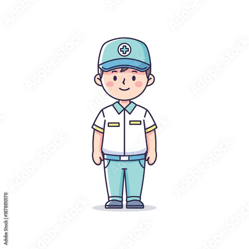 A cheerful cartoon nurse in a blue uniform and hat stands smiling.
