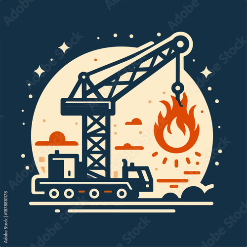 Cartoon illustration of heavy equipment construction crane