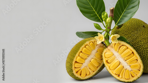 Exotic breadfruit with vibrant green skin and yellow interior on a light grey background with copy space