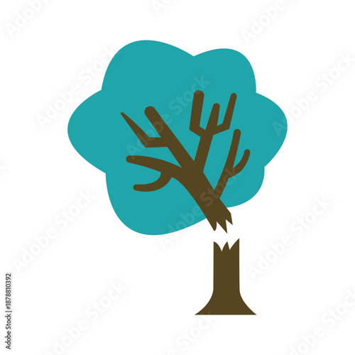 Broken tree with snapped trunk and missing branches isolated on white background, cartoon illustration