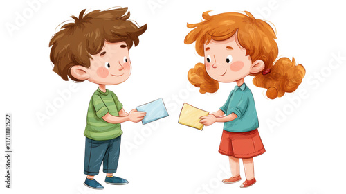 two cartoon kids with letters on white background 