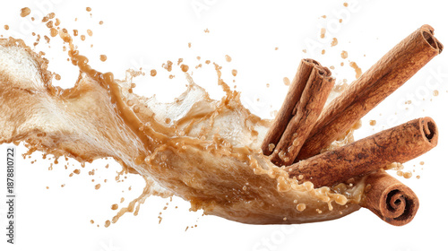 splash of tea in cinnamon sticks on white background 