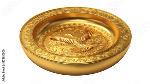 brass peacock decorative plate on white background 