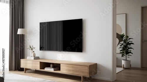 A clean, modern living space featuring a wall-mounted flat-screen TV
