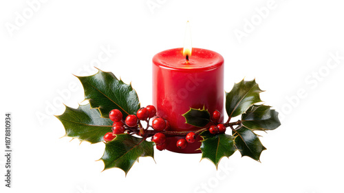 christmas candle and holly on white background 