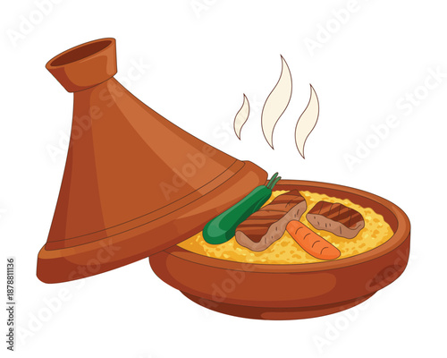Moroccan Tagine Pot flat vector illustration featuring traditional clay cookware with colorful stew, authentic North African cuisine concept on white background.