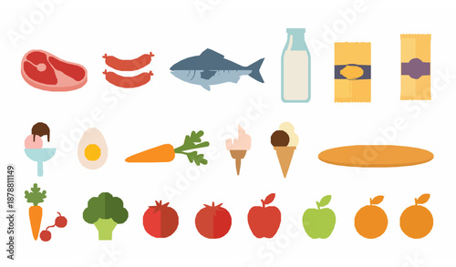 Supermarket food products flat vector set with groceries meat fish fruits and vegetables isolated on white