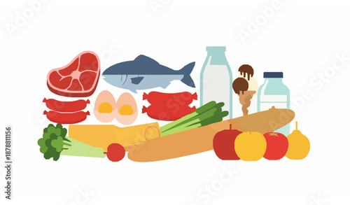 Food products vector set with supermarket groceries meat fish dairy and produce flat illustration