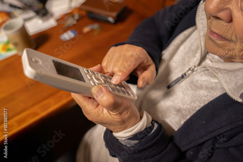 家の固定電話の子機を操作するシニア