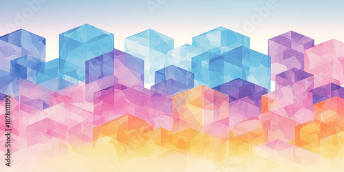 水彩風のテクスチャを持つカラフルな半透明の立方体が積み重なった抽象的な背景