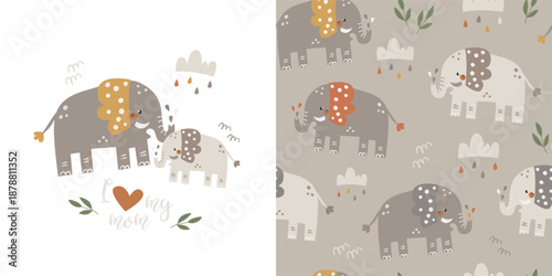 Quadro su tela A children's set of poster and seamless pattern featuring mother and baby elephants
