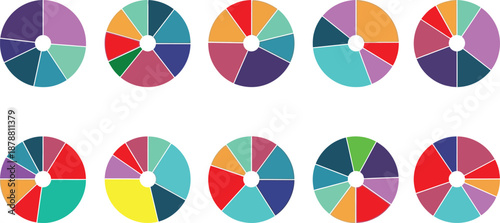 A collection of eight multicolored pie charts arranged in two rows on a white background for data visualization and color representation