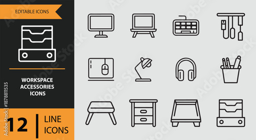 Editable line icons representing essential workspace accessories for home or office productivity