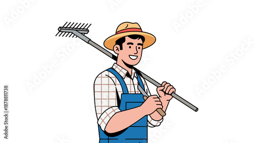 Farmer with rake on shoulder