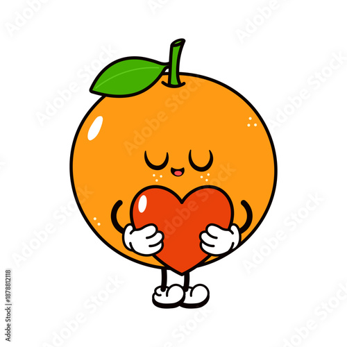 Orange fruit character holding red heart embracing love