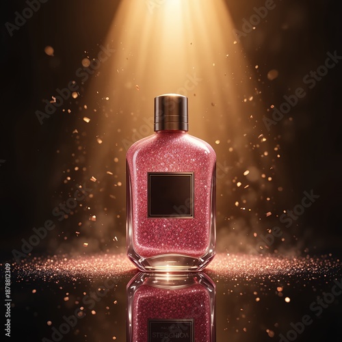a pink glitter perfume bottle against a glossy deep-black surface