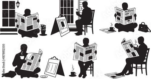 Silhouette of a person reading newspaper in various settings