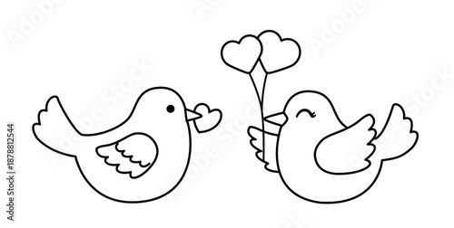 Love birds outline set.
Valentine love birds coloring pages with template.
for Valentine’s Day coloring pages, kids’ activities, classroom worksheets, greeting cards, DIY crafts. 
White background.