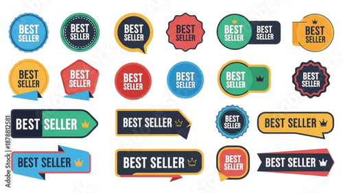 Collection of colorful Best Seller badges and labels on a clean background