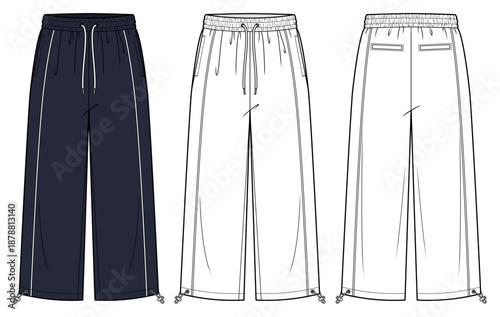 Gorpcore Utility Track Pants Technical Fashion Illustration. Lightweight Outdoor Trousers with Toggle Adjustable Hem, Side Pockets, and Back Welt Pockets. Front and Back Views. Unisex CAD Mockup Set.