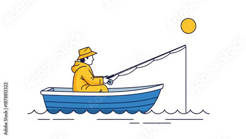 Fisherman in yellow coat on blue boat casting fishing rod