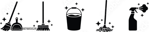 Cleaning tools and supplies icons set, broom mop bucket spray silhouettes with sparkle symbols, flat black illustration for household hygiene concepts
