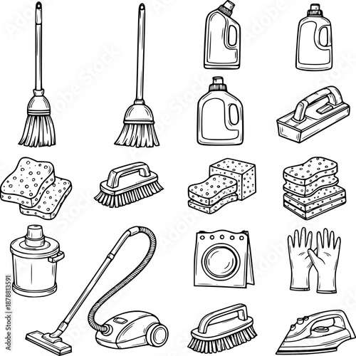 Vector set of black isolated icons featuring a collection of cleaning tools and household kitchen appliances with cooking symbols like a pan and cake silhouette