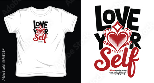 Vibrant love yourself typography design featuring detailed red heart and explanatory text